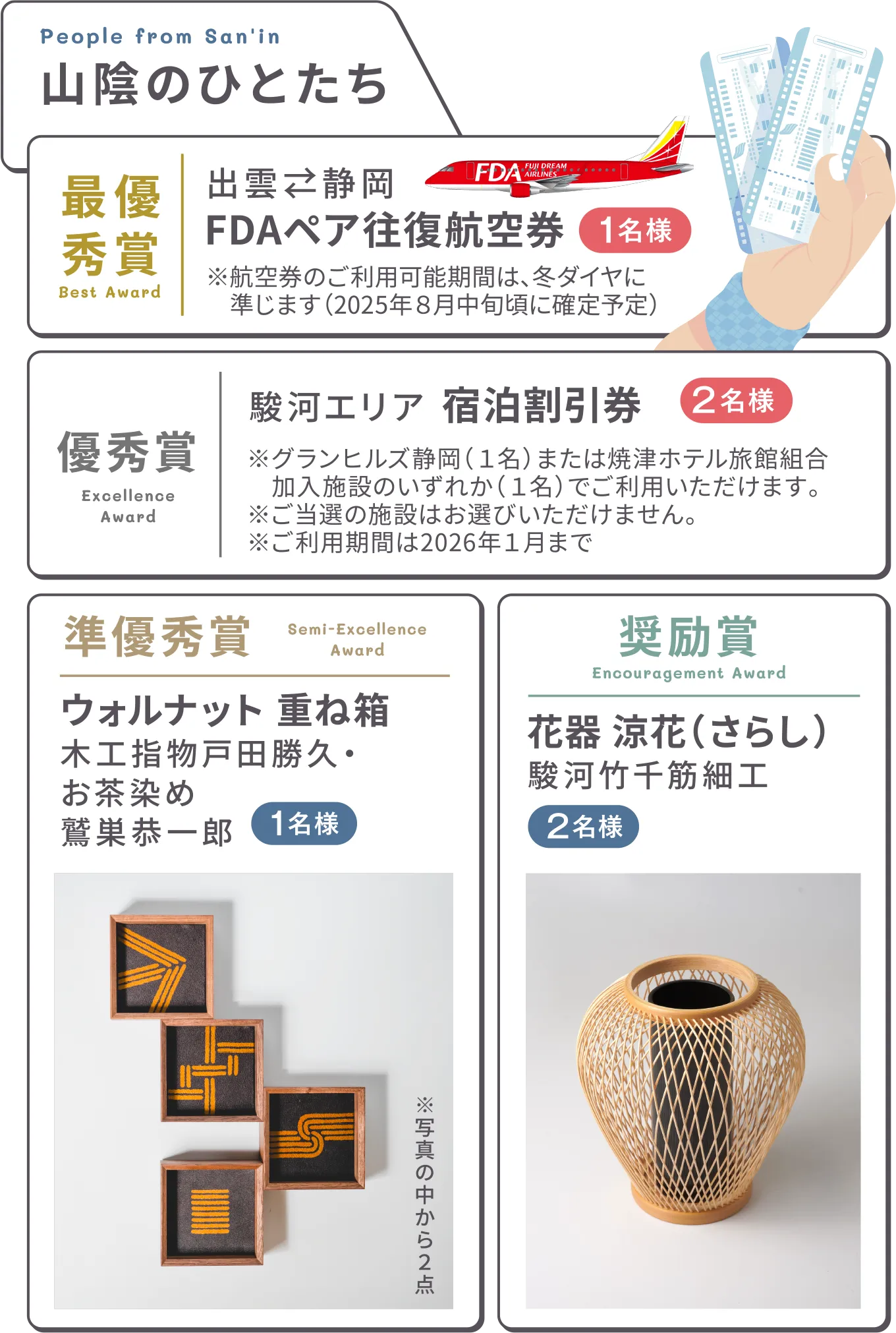 山陰のひとたち 最優秀賞 出雲、静岡間 FDAペア往復航空券 1名様 ※航空券のご利用期間は、冬ダイヤに準じます(2025年8月中旬頃に確定予定) 優秀賞 駿河エリア 宿泊割引券 2名様 ※宿泊割引券は、グランヒルズ 焼津ホテル旅館組合加入施設でご利用いただけます。※ご利用期間は2026年1月まで 準優秀賞 ウォルナット 重ね箱 木工指物戸田勝久・お茶染め 鷲津恭一郎 1名様 準優秀賞 花器(さらし) 駿河竹千筋細工 2名様